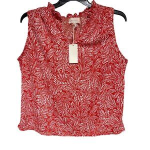 Melloday Womens Sleeveless Top With Ruffled Neckline XL Leaf Print Red & White
